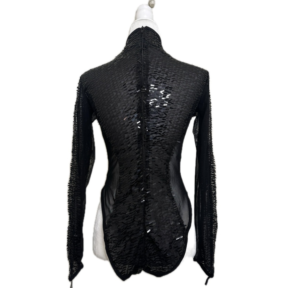 Black Sequin Symmetric Bodysuit with Long Sleeves, Size L - Picture 7 of 15
